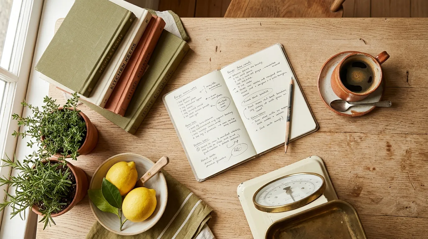 Carnet de recettes et ingrédients sur une table